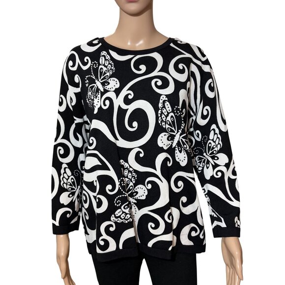 Alfred Dunner Black White Butterfly Blouse Size Large - Picture 1 of 3